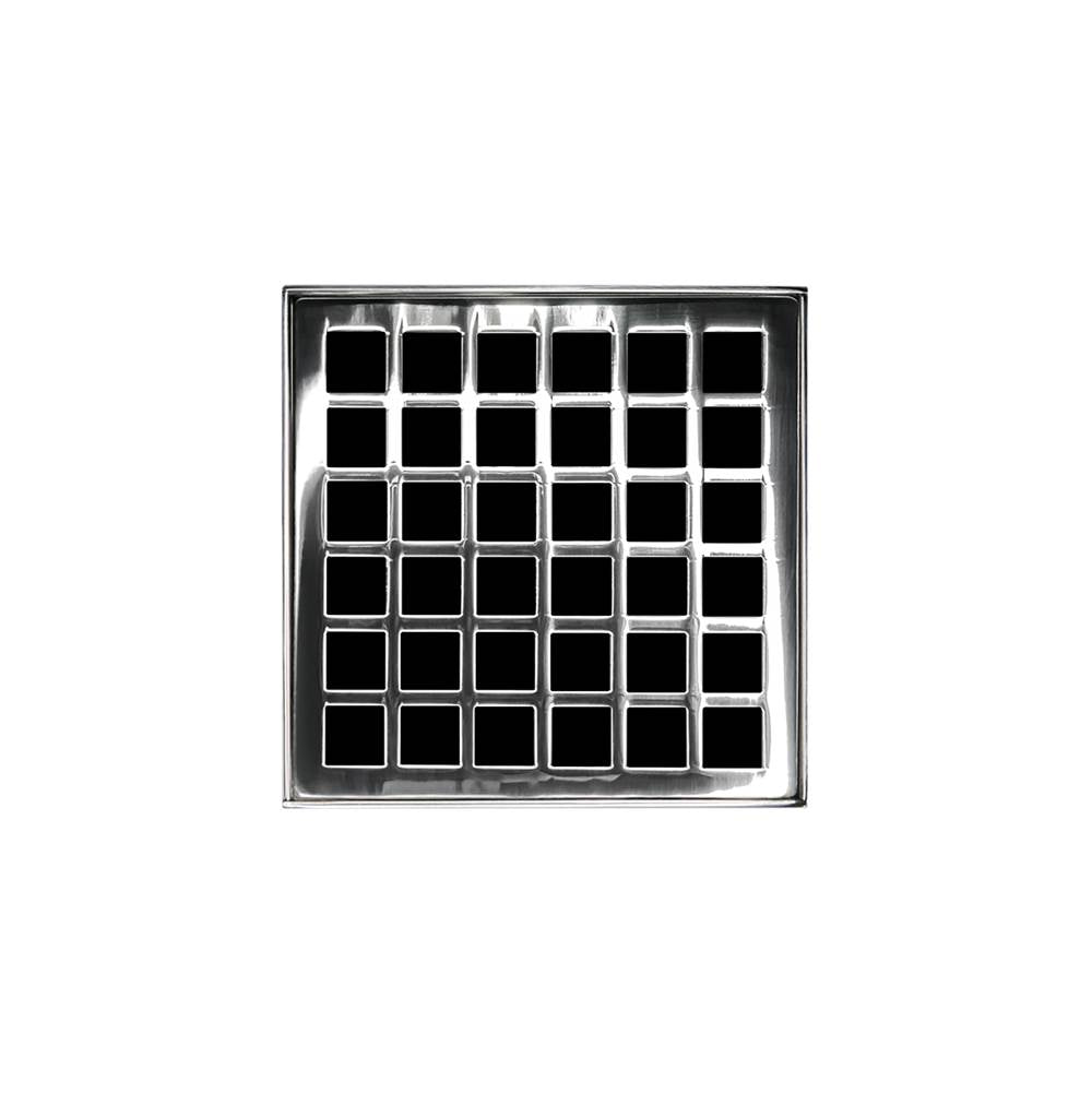 Infinity Drain - 4'' x 4'' QDB 4 Complete Kit with Squares Pattern Decorative Plate in Polished Stainless with PVC Bonded Flange Drain Body, 2'', 3'' and 4'' Outlet - Polished Stainless