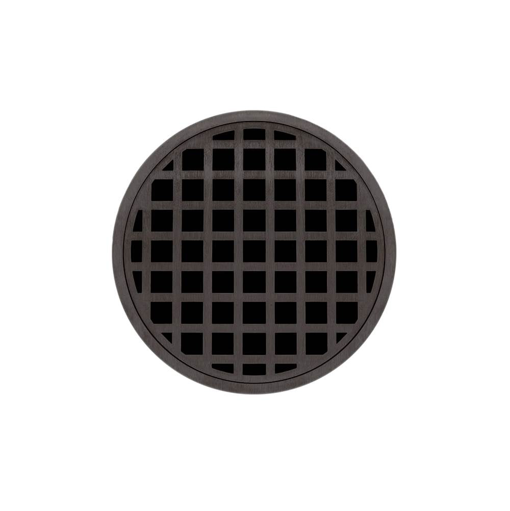 Infinity Drain - 5'' Round RQD 5 Complete Kit with Squares Pattern Decorative Plate in Oil Rubbed Bronze with Cast Iron Drain Body, 2'' Outlet - Oil Rubbed Bronze