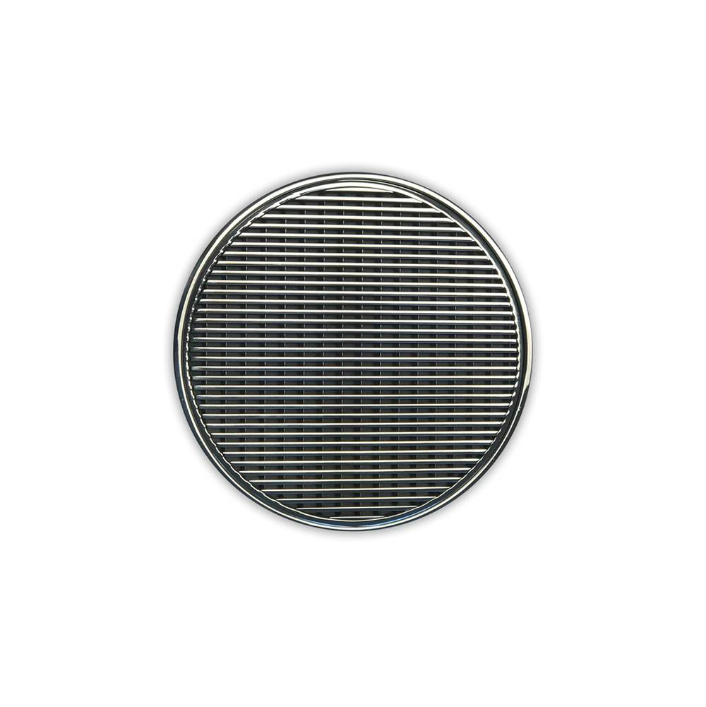 Infinity Drain - 5'' Round RWD 5 Complete Kit with Wedge Wire Pattern Decorative Plate in Polished Stainless with Cast Iron Drain Body for Hot Mop, 2'' Outlet - Polished Stainless