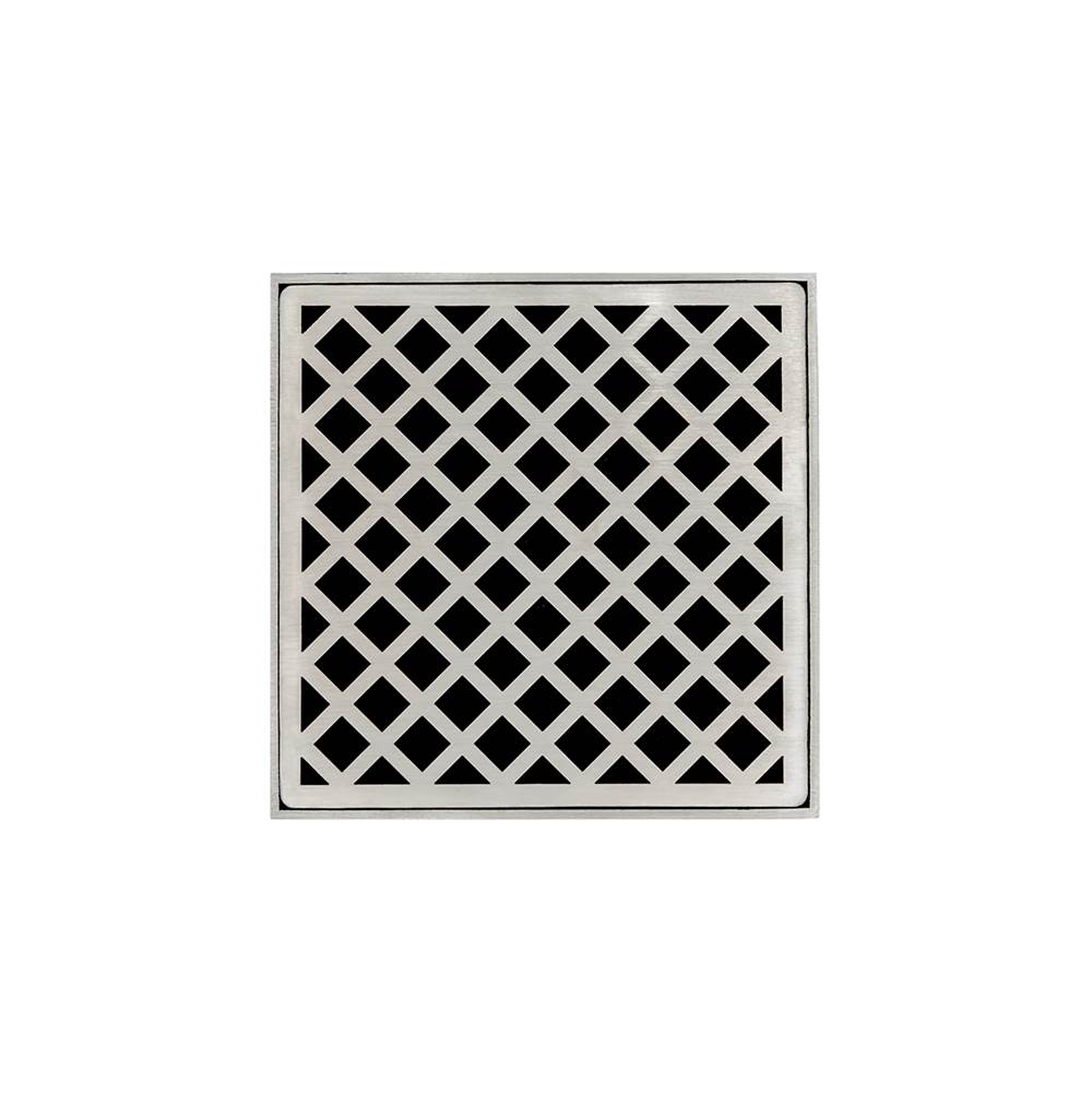 Infinity Drain - 5'' x 5'' XD 5 High Flow Complete Kit with Criss-Cross Pattern Decorative Plate in Satin Stainless with Cast Iron Drain Body, 3'' No-Hub Outlet - Satin Stainless