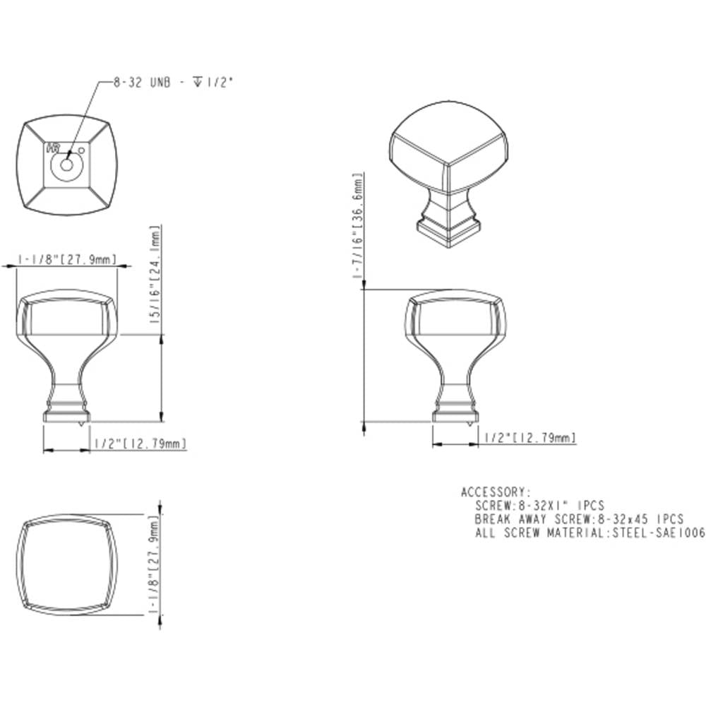 1-1/8'' Overall Length Satin Nickel Square Audrey Cabinet Knob