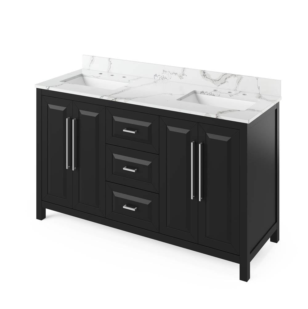 Jeffrey Alexander - 60'' Black Cade Vanity, double bowl, Calacatta Vienna Quartz Vanity Top, two undermount rectangle bowls - Black
