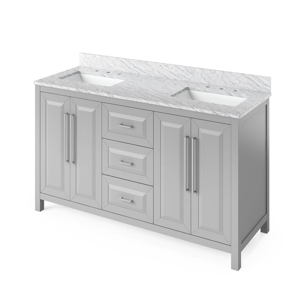 Jeffrey Alexander - 60'' Grey Cade Vanity, double bowl, White Carrara Marble Vanity Top, undermount rectangle bowl - Grey