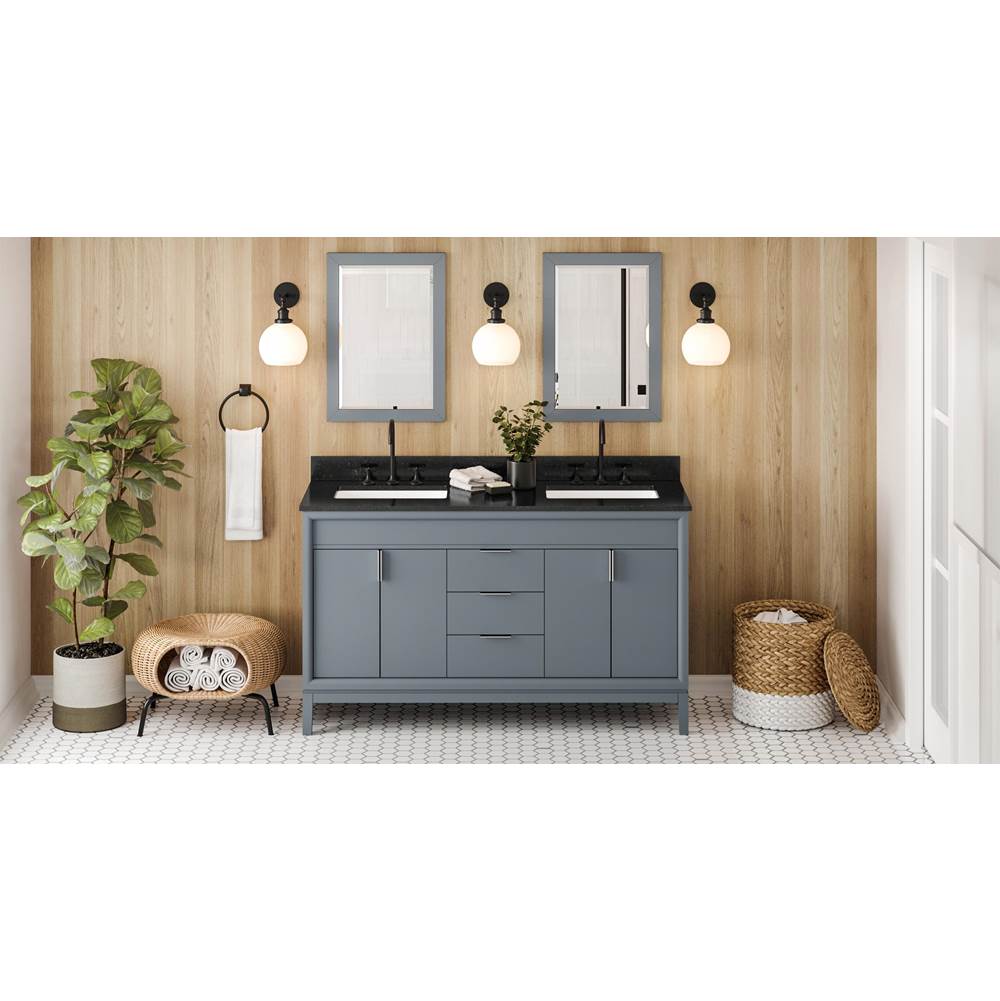 Jeffrey Alexander - 60'' Blue Steel Theodora Vanity, Double Bowl, Black Granite Vanity Top, Two Undermount Rectangle Bowls - Blue Steel