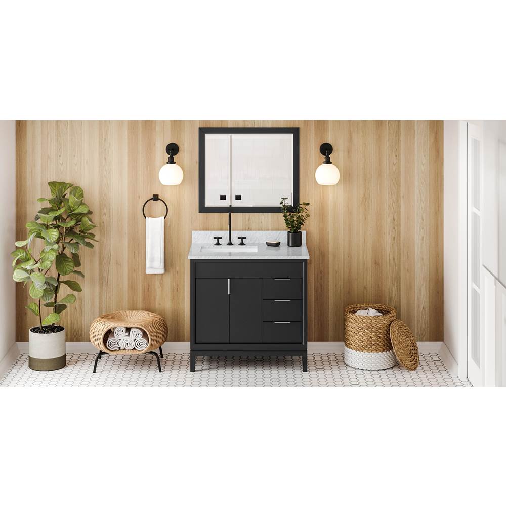 Jeffrey Alexander - 36'' Black Theodora Vanity, Left Offset, White Carrara Marble Vanity Top, Undermount Rectangle Bowl - Black