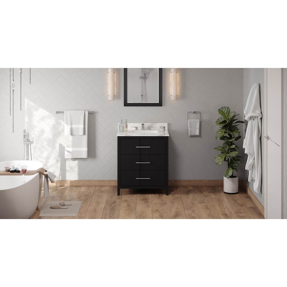 Jeffrey Alexander - 30'' Black Katara Vanity, Calacatta Vienna Quartz Vanity Top, Undermount Rectangle Bowl - Black