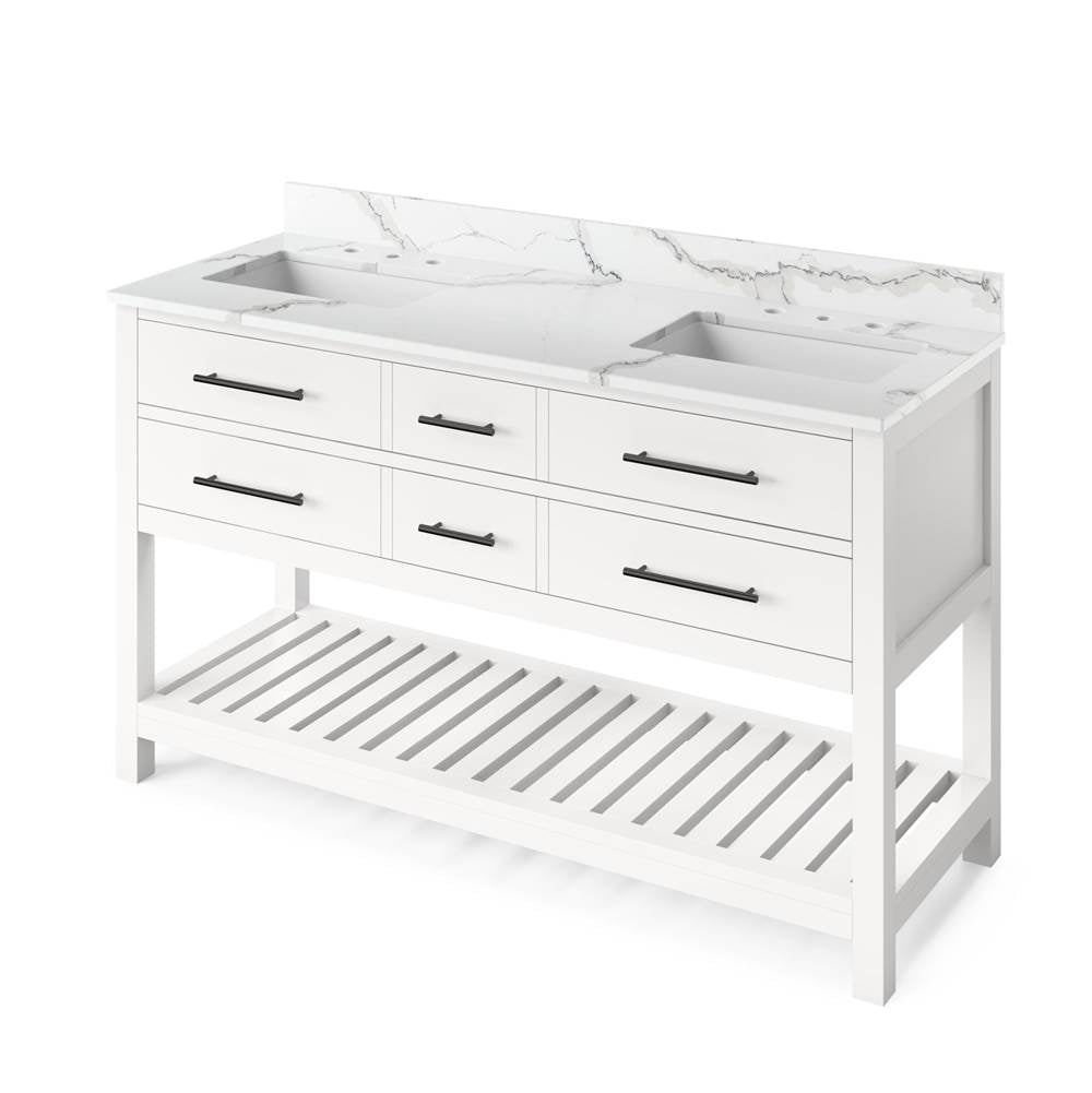 Jeffrey Alexander - 60'' White Wavecrest Vanity, double bowl, Calacatta Vienna Quartz Vanity Top, two undermount rectangle bowls - White