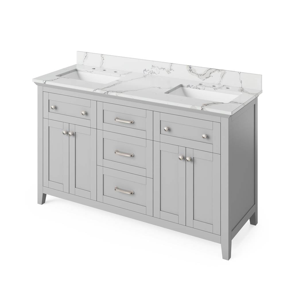 Jeffrey Alexander - 60'' Grey Chatham Vanity, double bowl, Calacatta Vienna Quartz Vanity Top, two undermount rectangle bowls - Grey