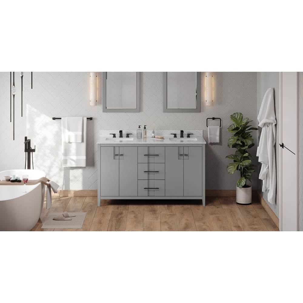 Jeffrey Alexander - 60'' Grey Katara Vanity, Double Bowl, White Carrara Marble Vanity Top, Two Undermount Rectangle Bowls - Grey