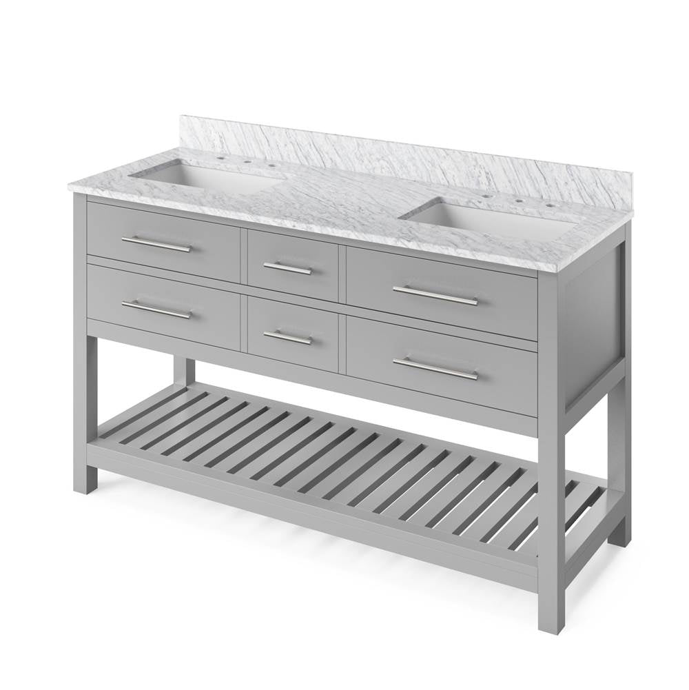 Jeffrey Alexander - 60'' Grey Wavecrest Vanity, double bowl, White Carrara Marble Vanity Top, two undermount rectangle bowls - Grey