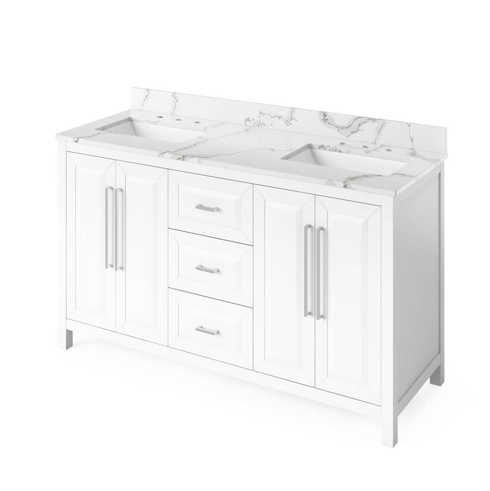 Jeffrey Alexander - 60'' White Cade Vanity, double bowl, Calacatta Vienna Quartz Vanity Top, undermount rectangle bowl - White