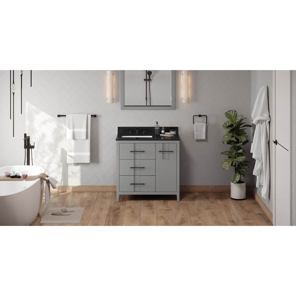 Jeffrey Alexander - 36'' Grey Katara Vanity, Left Offset, Black Granite Vanity Top, Undermount Rectangle Bowl - Grey