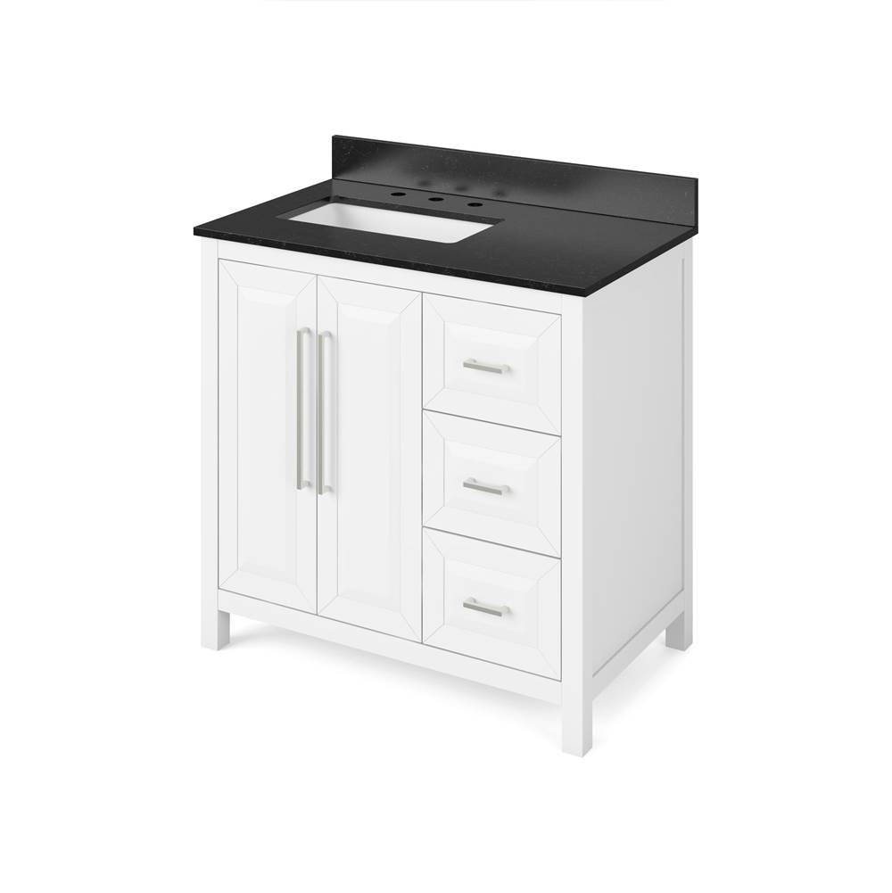 Jeffrey Alexander - 36'' White Cade Vanity, left offset, Black Granite Vanity Top, undermount rectangle bowl - White