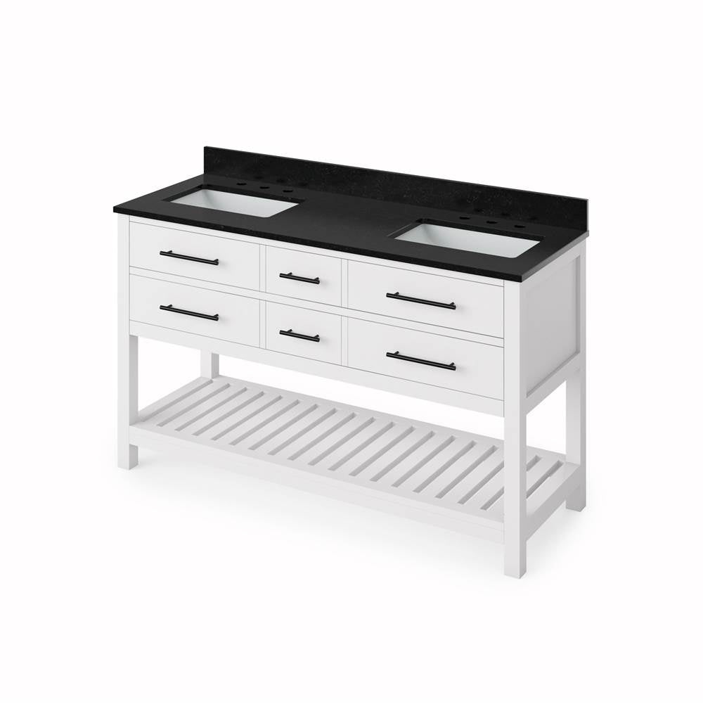 Jeffrey Alexander - 60'' White Wavecrest Vanity, double bowl, Black Granite Vanity Top, two undermount rectangle bowls - White
