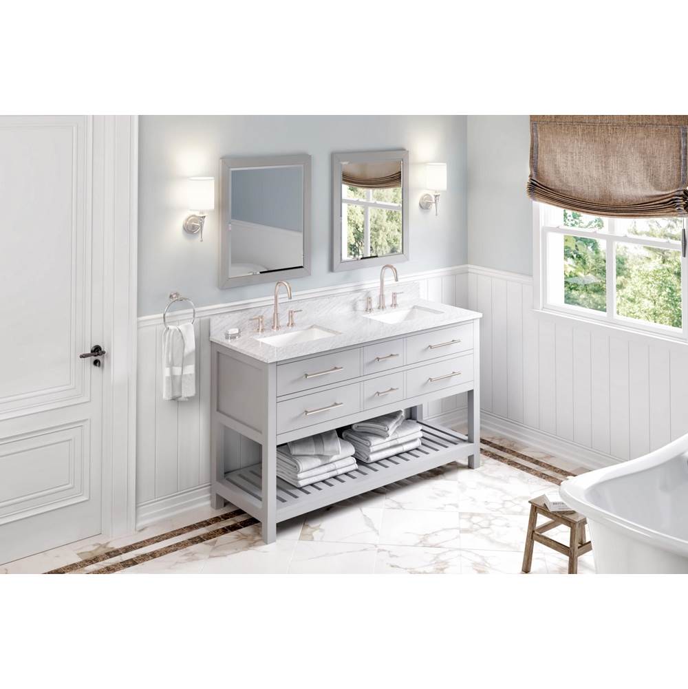 60'' Grey Wavecrest Vanity, double bowl, White Carrara Marble Vanity Top, two undermount rectangle bowls