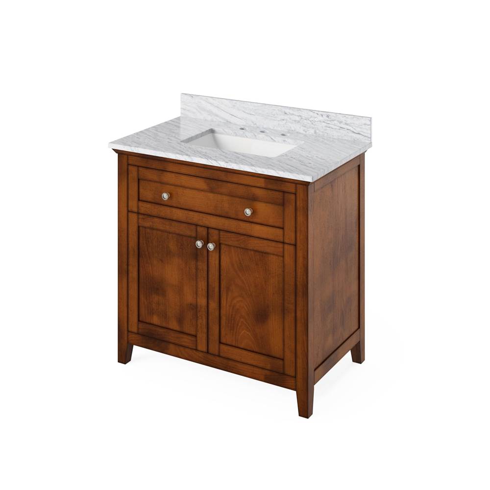 Jeffrey Alexander - 36'' Chocolate Chatham Vanity, White Carrara Marble Vanity Top, undermount rectangle bowl - Chocolate