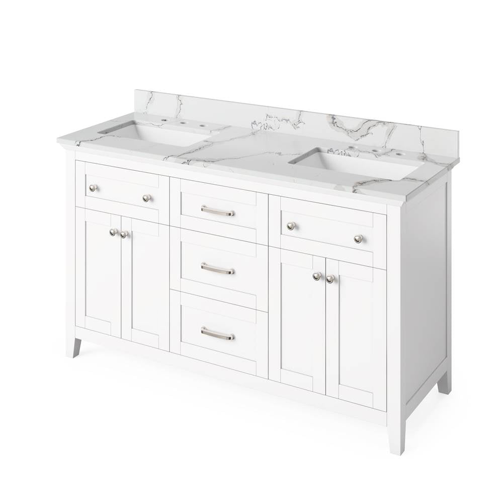 Jeffrey Alexander - 60'' White Chatham Vanity, double bowl, Calacatta Vienna Quartz Vanity Top, two undermount rectangle bowls - White