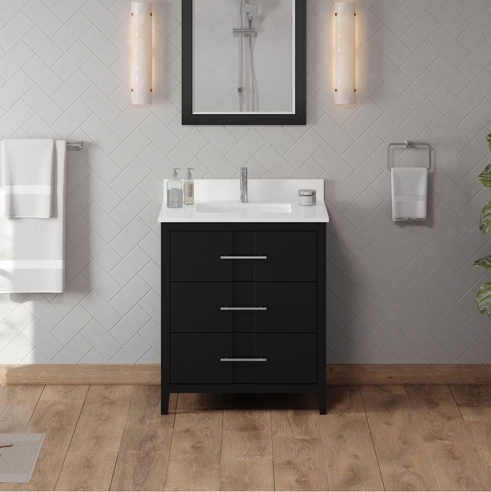 30'' Black Katara Vanity, White Quartz Vanity Top, Undermount Rectangle Bowl