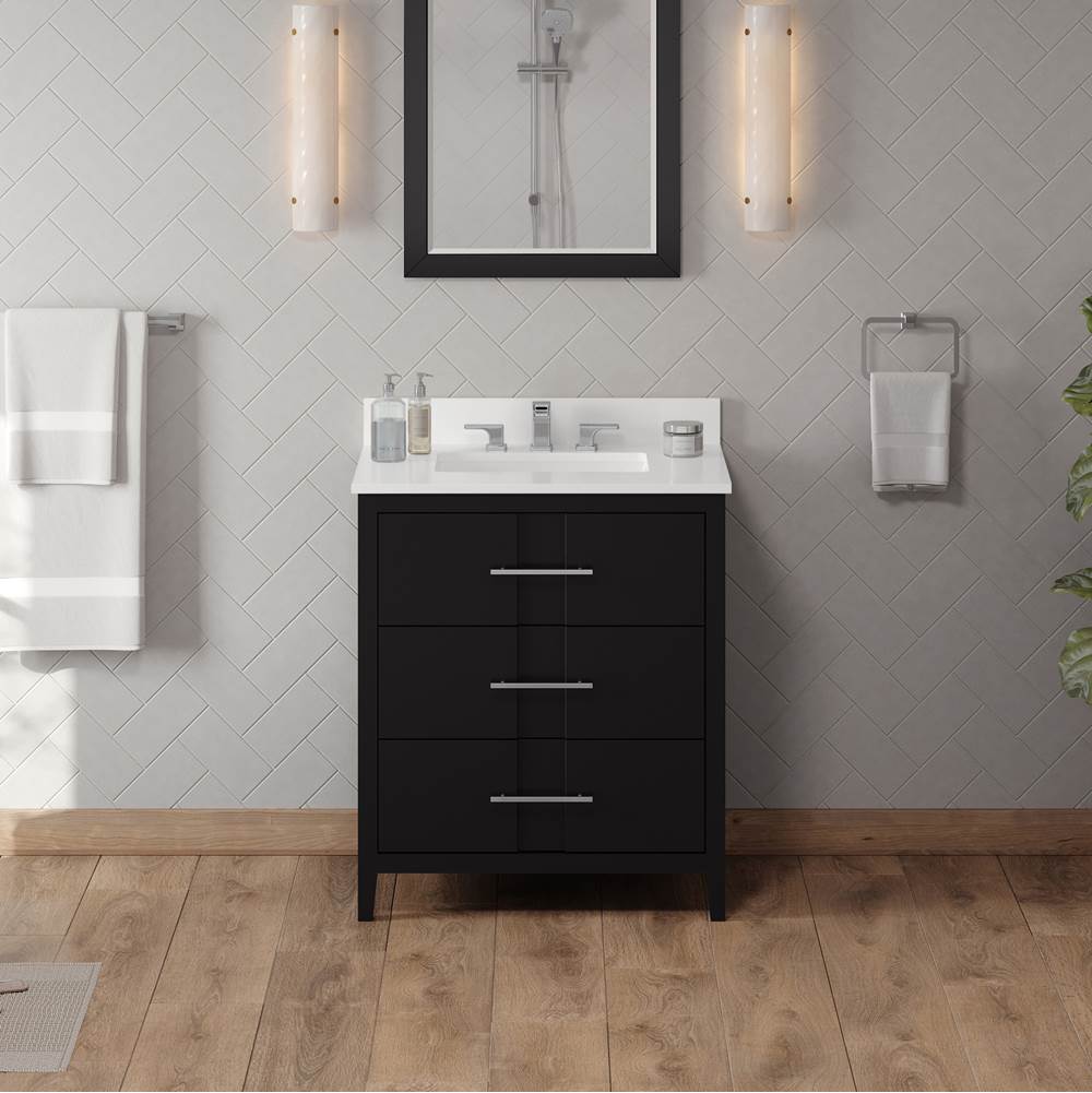 30'' Black Katara Vanity, White Quartz Vanity Top, Undermount Rectangle Bowl