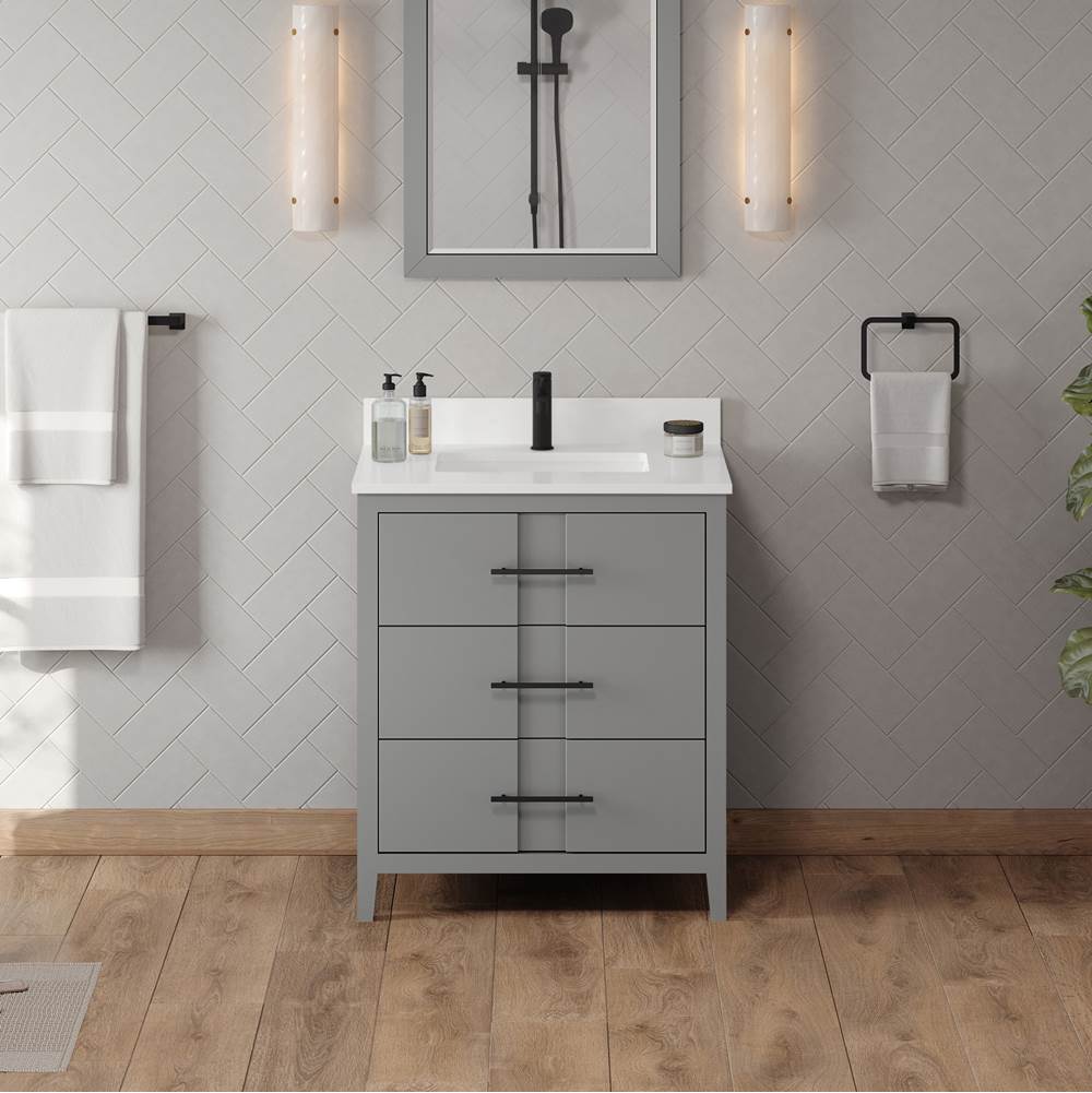 30'' Black Katara Vanity, White Quartz Vanity Top, Undermount Rectangle Bowl