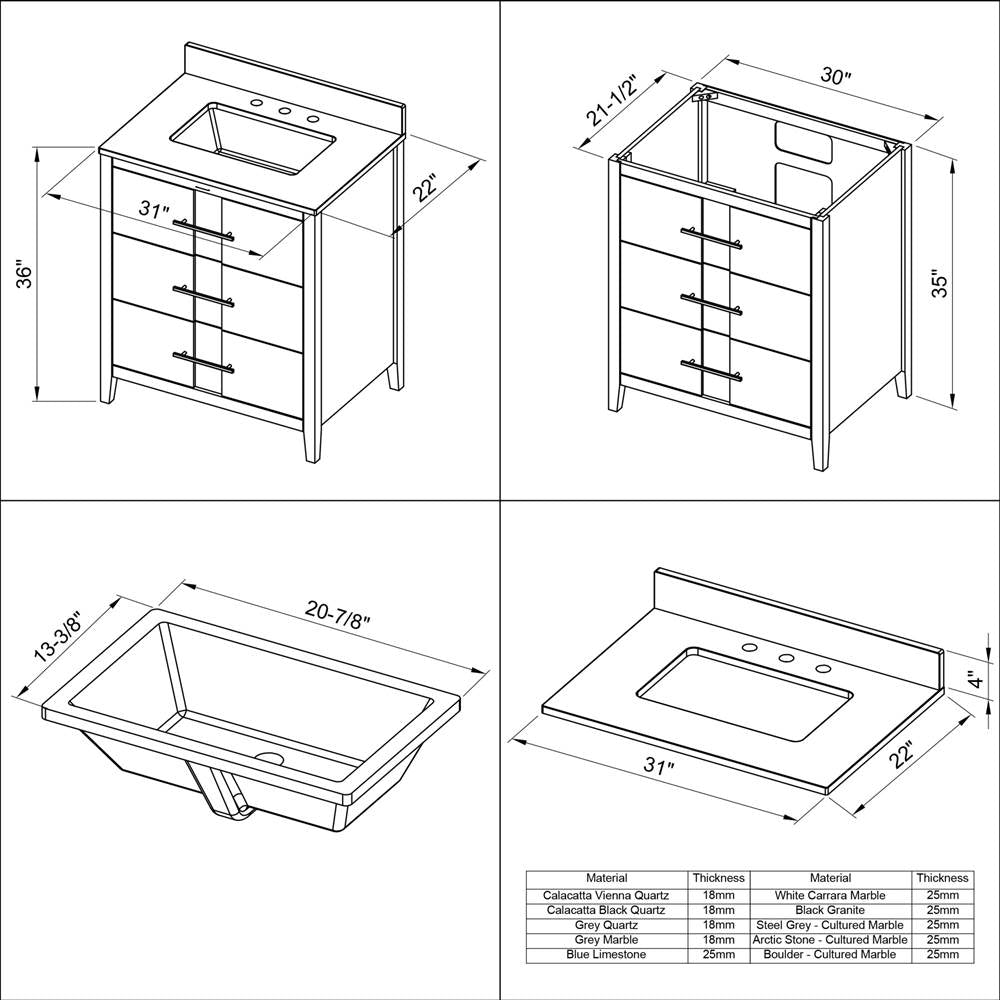 30'' Black Katara Vanity, Calacatta Vienna Quartz Vanity Top, Undermount Rectangle Bowl