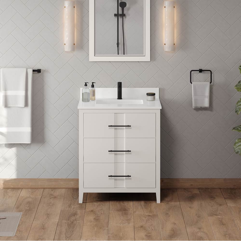 30'' Black Katara Vanity, White Quartz Vanity Top, Undermount Rectangle Bowl