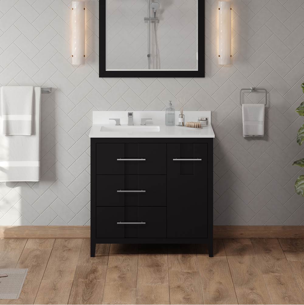 36'' Black Katara Vanity, Left Offset, White Quartz Vanity Top, Undermount Rectangle Bowl