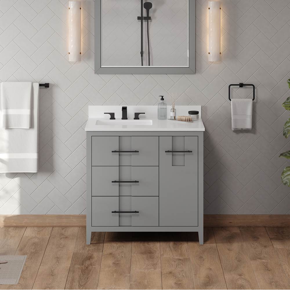 36'' Black Katara Vanity, Left Offset, White Quartz Vanity Top, Undermount Rectangle Bowl
