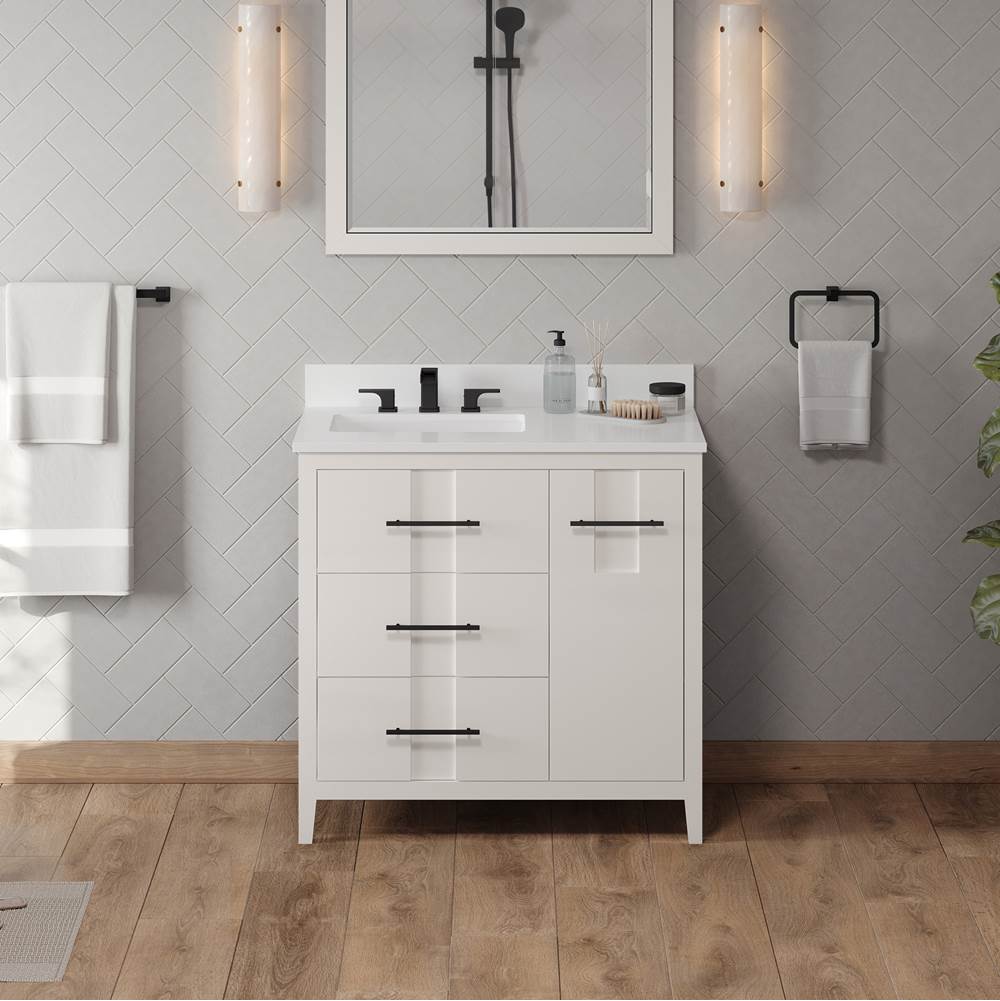36'' Black Katara Vanity, Left Offset, White Quartz Vanity Top, Undermount Rectangle Bowl