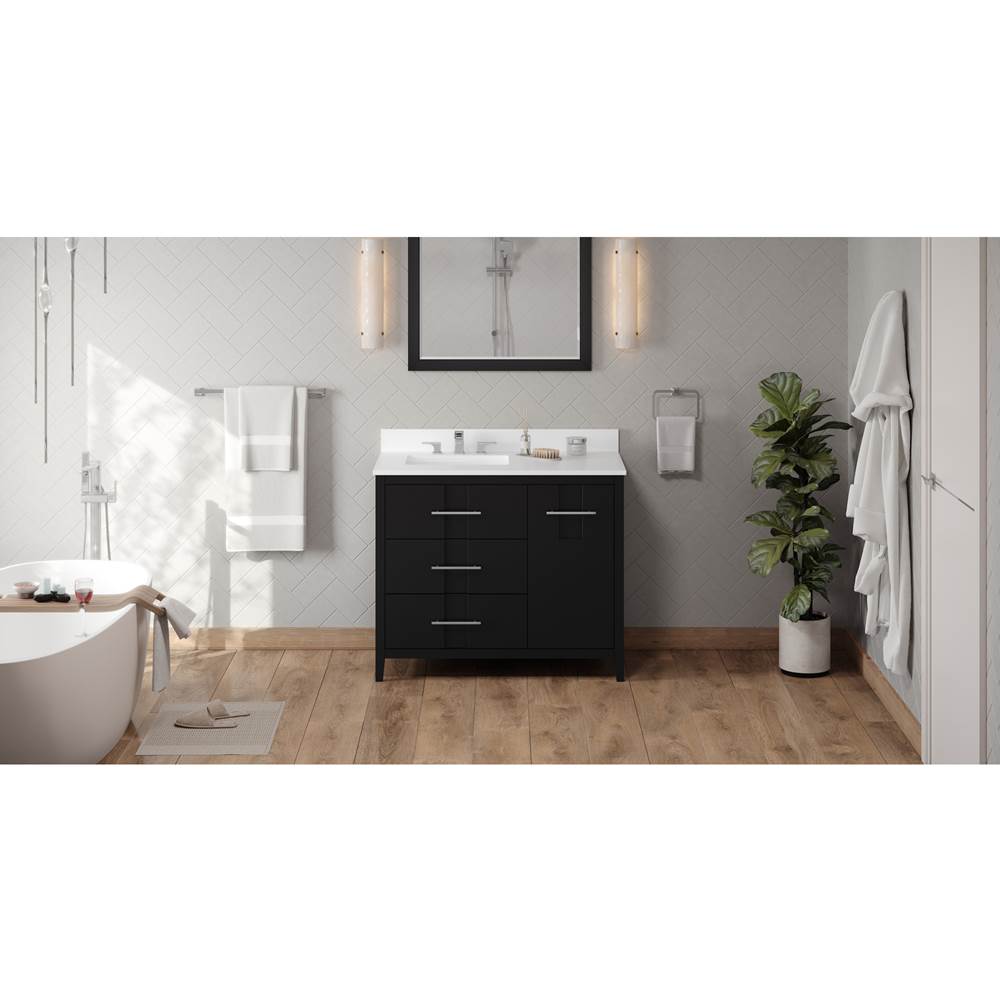 Jeffrey Alexander - 42'' Black Katara Vanity, Left Offset, White Quartz Vanity Top, Undermount Rectangle Bowl - Black
