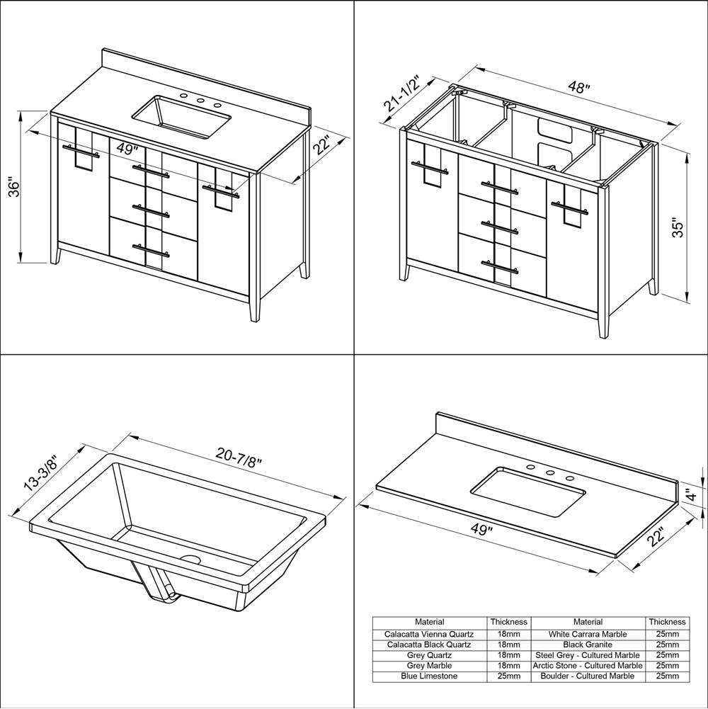 48'' Black Katara Vanity, White Quartz Vanity Top, Undermount Rectangle Bowl