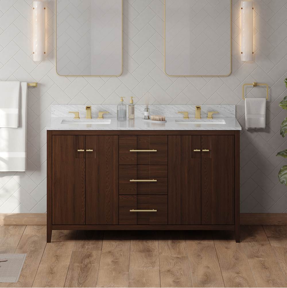 60'' Black Katara Vanity, Double Bowl, White Carrara Marble Vanity Top, Two Undermount Rectangle Bowls