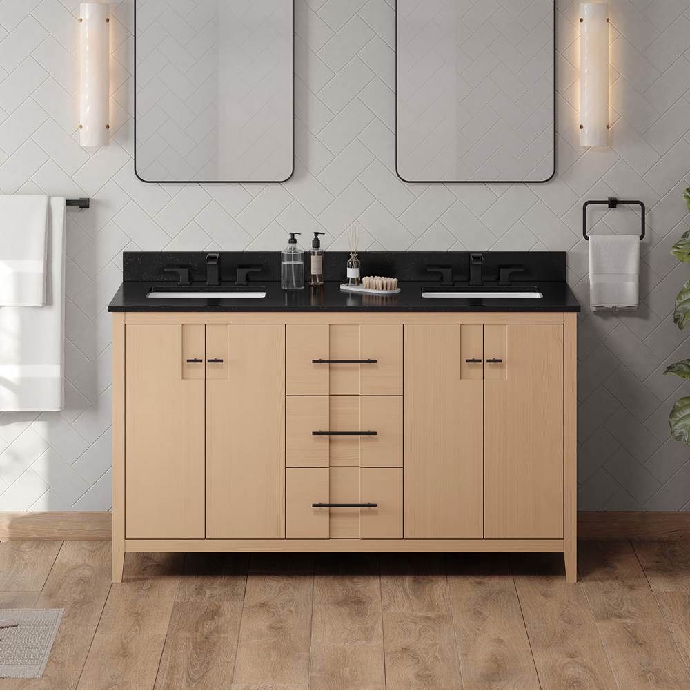 60'' Black Katara Vanity, Double Bowl, Black Granite Vanity Top, Two Undermount Rectangle Bowls
