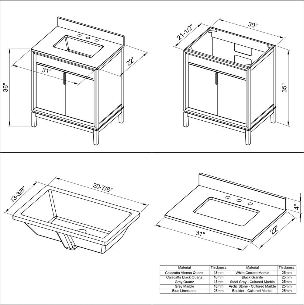 30'' Black Theodora Vanity, Black Granite Vanity Top, Undermount Rectangle Bowl