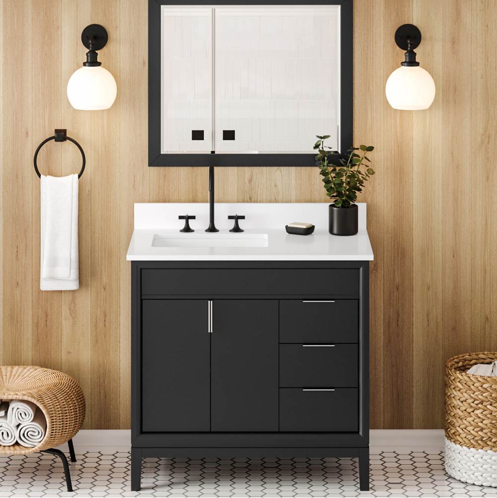 36'' Black Theodora Vanity, Left Offset, White Quartz Vanity Top, Undermount Rectangle Bowl