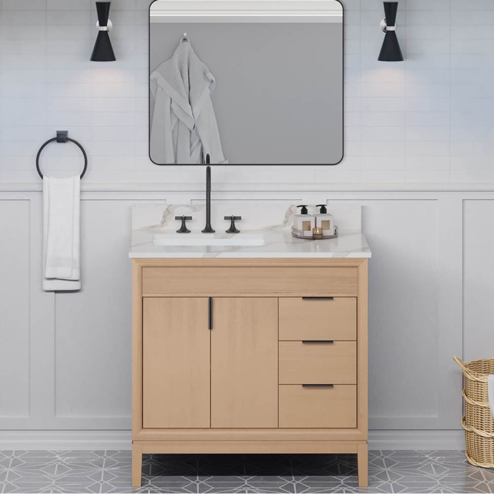 36'' Black Theodora Vanity, Left Offset, Calacatta Vienna Quartz Vanity Top, Undermount Rectangle Bowl