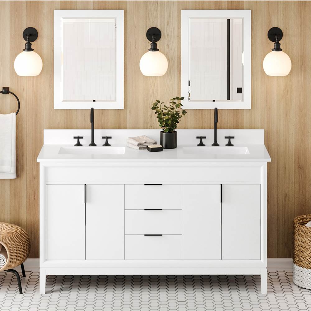 60'' Black Theodora Vanity, Double Bowl, White Quartz Vanity Top, Two Undermount Rectangle Bowls