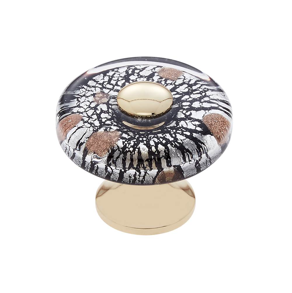 JVJ Hardware - Murano Collection 24K Gold Plated Finish 35 mm Clear w/Black Lines and Copper Flat Round Glass Knob, Composition Glass and Solid Brass - 24k Gold