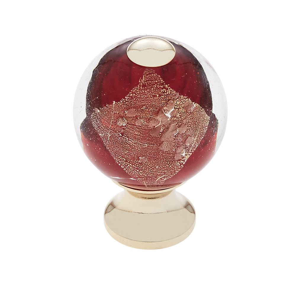 JVJ Hardware - Murano Collection 24K Gold Plated Finish 30 mm Red w/Gold and Silver Round Glass Knob, Composition Glass and Solid Brass - 24k Gold
