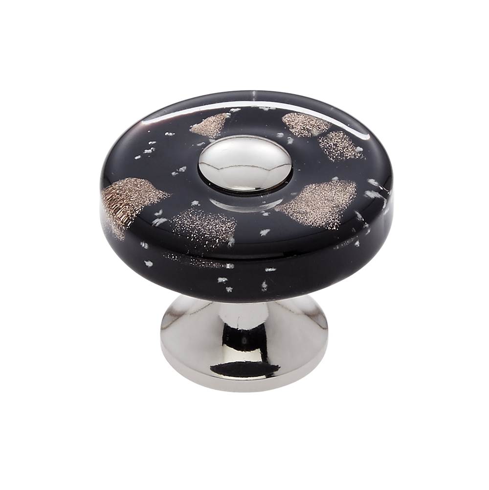 JVJ Hardware - Murano Collection Polished Nickel Finish 35 mm Black w/Copper Flecks Flat Round Glass Knob, Composition Glass and Solid Brass - Polished Nickel