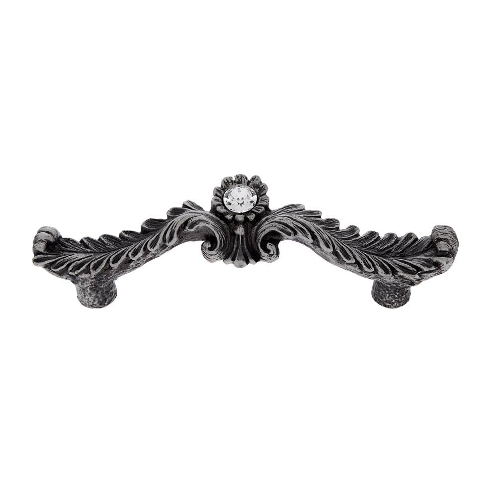 JVJ Hardware - Pure Elegance Collection Solid Pewter Finish 31 percent Leaded Crystal 96 mm c/c Acanthus Leaf Pull with Crystal Inset Flower in Center - Pewter