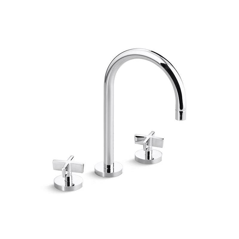 Kallista - OneE Basin Set, Gooseneck, Cross Handle - Unlacquered Brass
