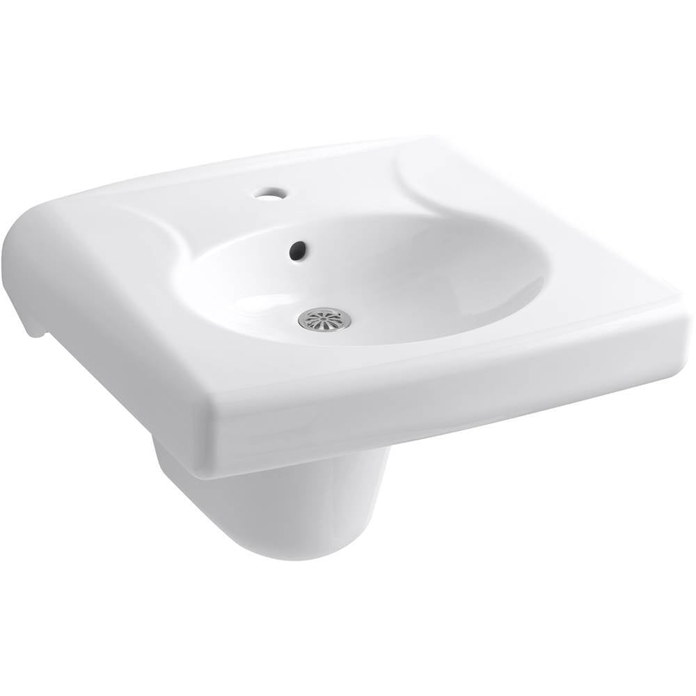 Kohler - BrenhamE Wall-mount or concealed carrier arm mount commercial bathroom sink with single faucet hole and shroud, antimicrobial finish - White