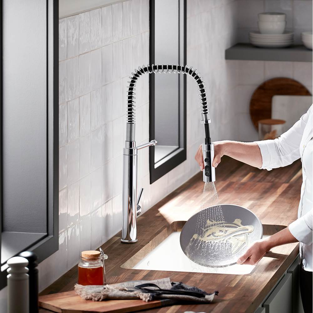 Purist Semi-professional kitchen sink faucet with three-function sprayhead