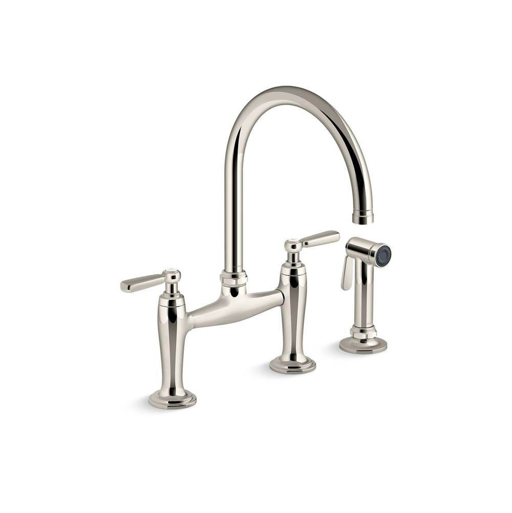 Kohler - EdalynE by Studio McGee Two-hole bridge kitchen sink faucet with side sprayer - Vibrant Polished Nickel