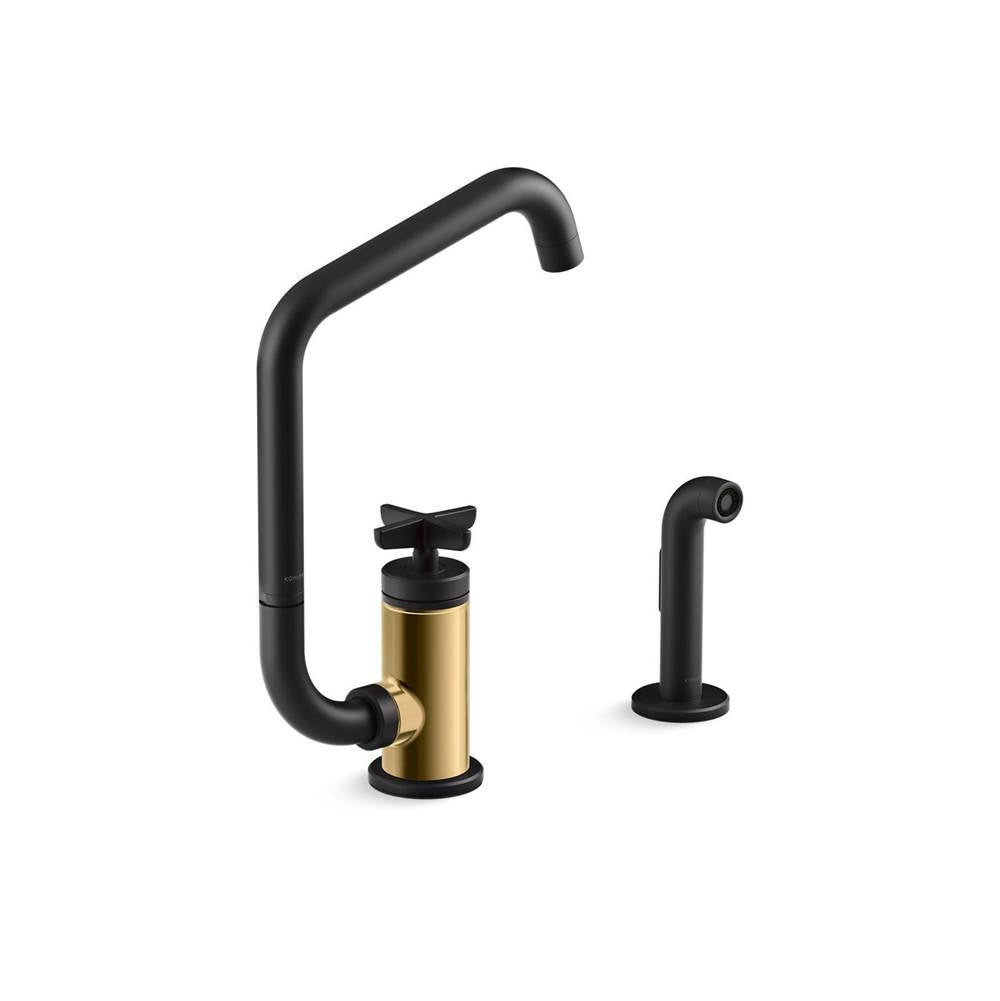 Kohler - BilletE Single-handle kitchen sink faucet with two-function extended-reach spout and side sprayer - Matte Black with Brushed Moderne Brass