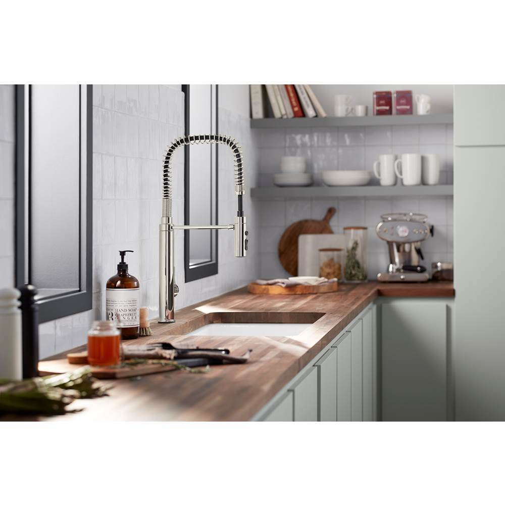Purist Semi-professional kitchen sink faucet with three-function sprayhead