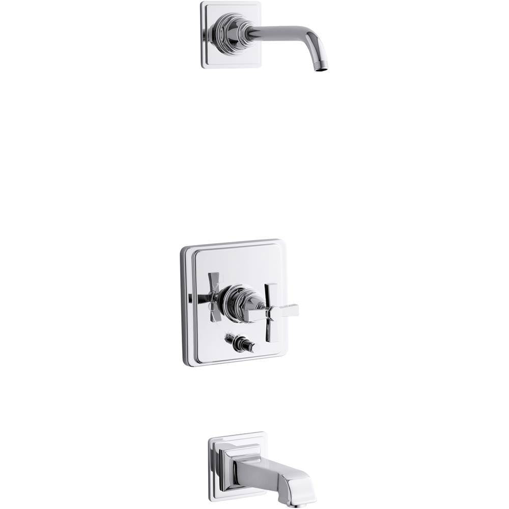 Kohler - Pinstripe Pure Rite-Temp bath and shower trim kit with push-button diverter and cross handle, without showerhead - Polished Chrome