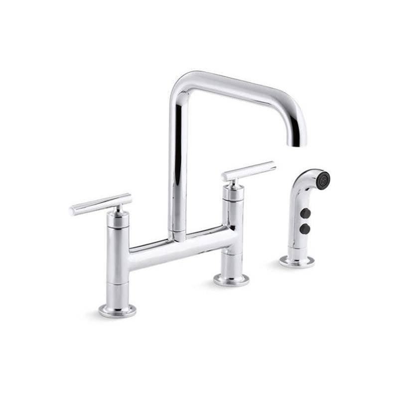 Kohler - Purist Two-hole bridge kitchen sink faucet with side sprayer - Polished Chrome