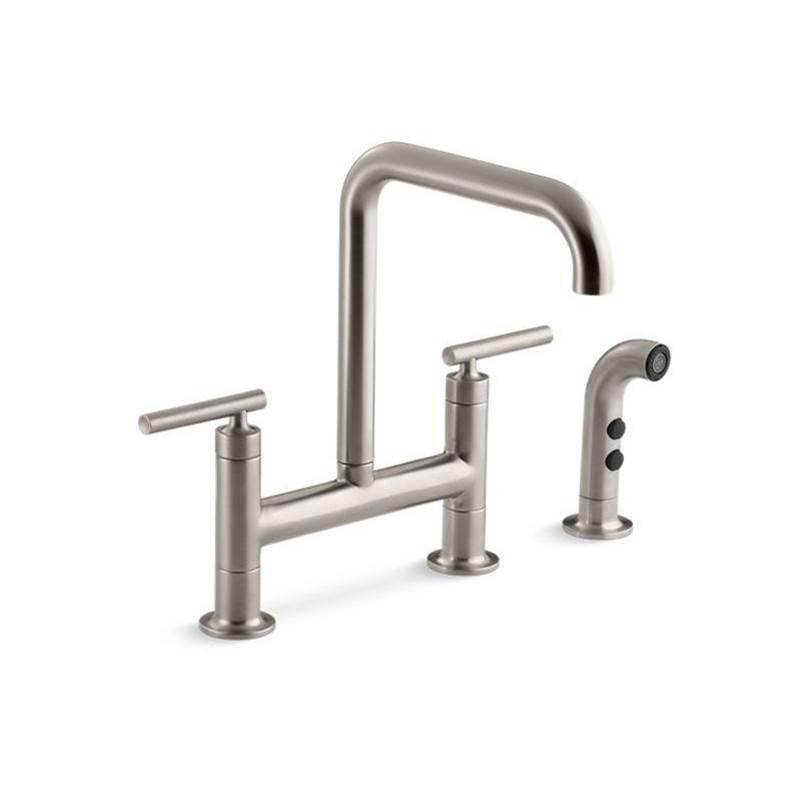 Kohler - Purist Two-hole bridge kitchen sink faucet with side sprayer - Vibrant Stainless